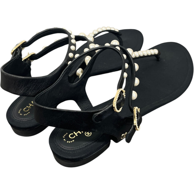 Women's Flat Thong pearl Sandals Black Size UK 6.5 / EU 39.5