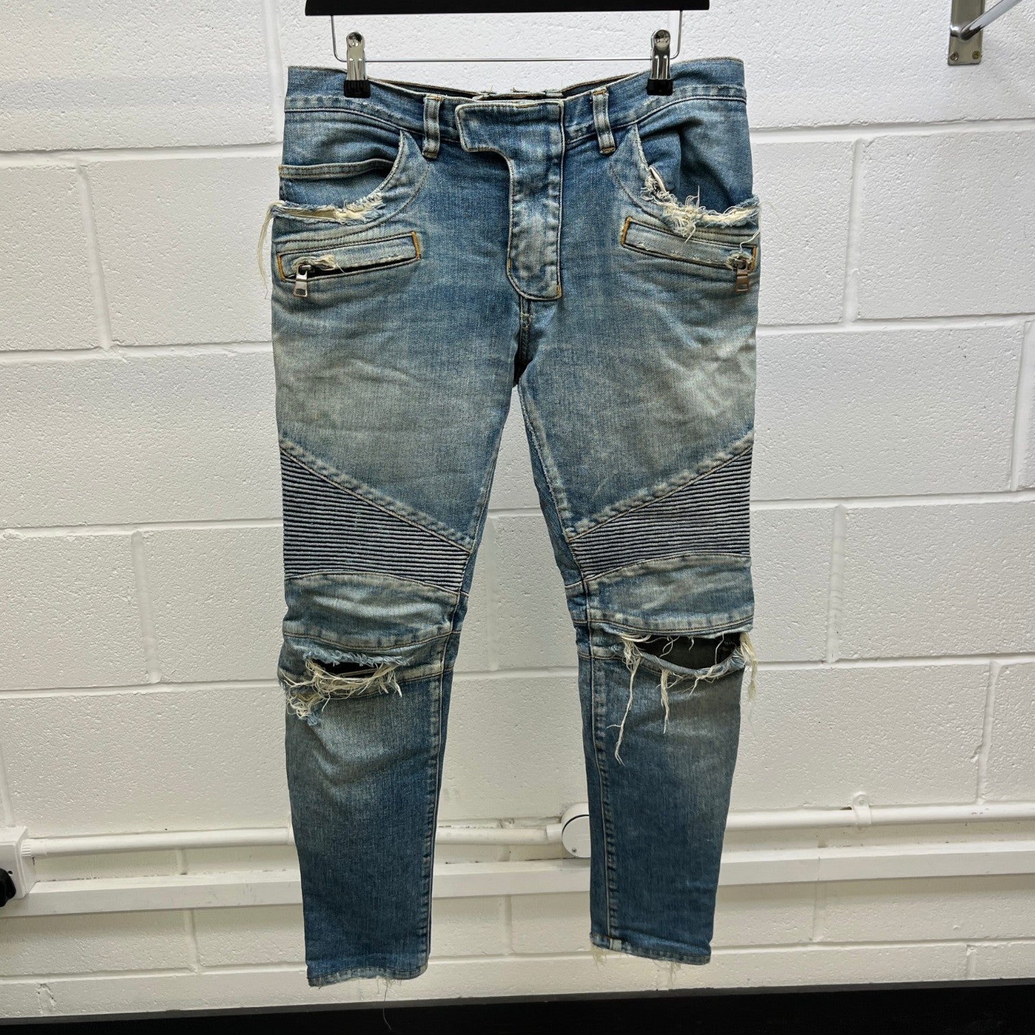 Balmain Men's Distressed Biker Jeans Blue Size W32 - Photo 10