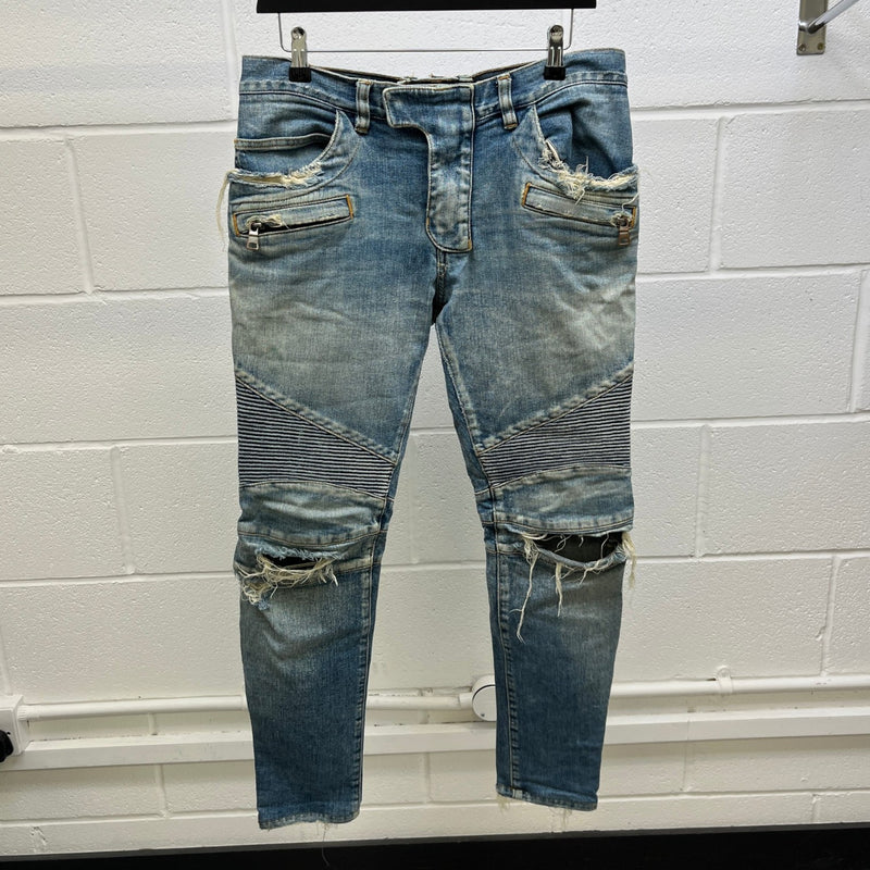 Balmain Men's Distressed Biker Jeans Blue Size W32