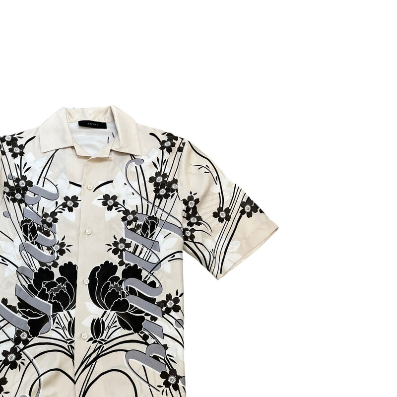 Amiri Men's Floral Logo Print Short Sleeve Shirt Beige Size M