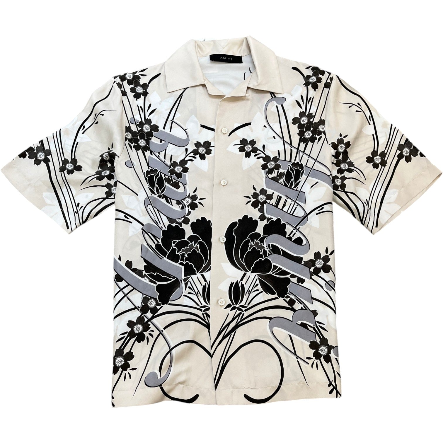 Amiri Men's Floral Logo Print Short Sleeve Shirt Beige Size M - Photo 1