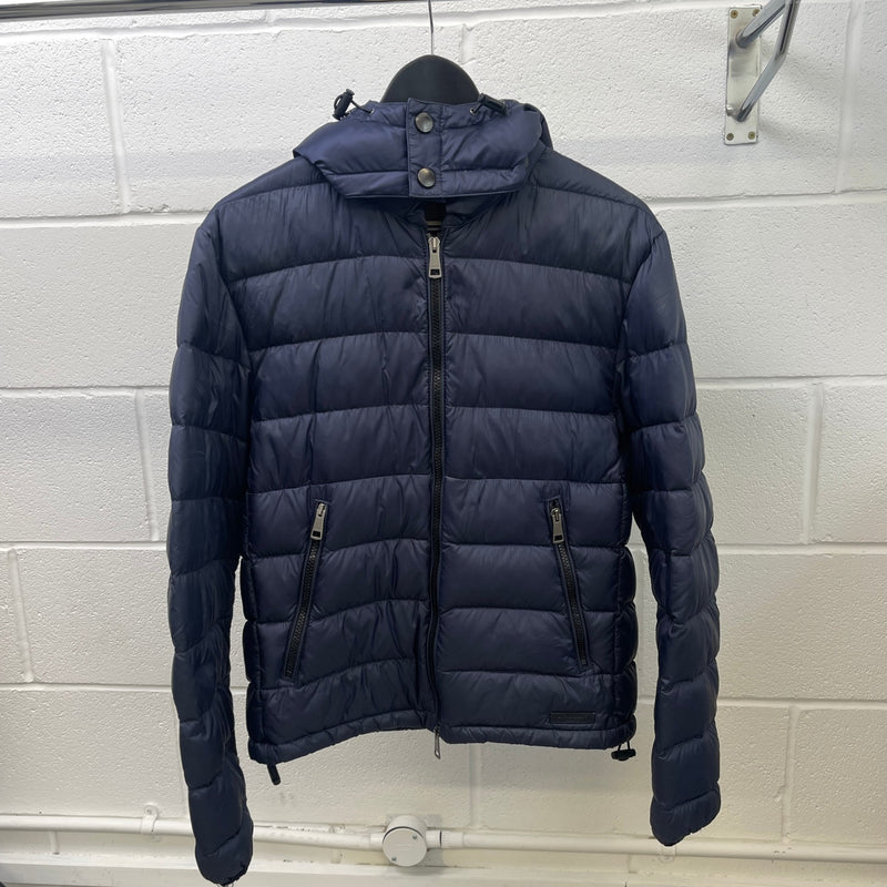 Men's Check Print Hood Down Jacket Navy Size S