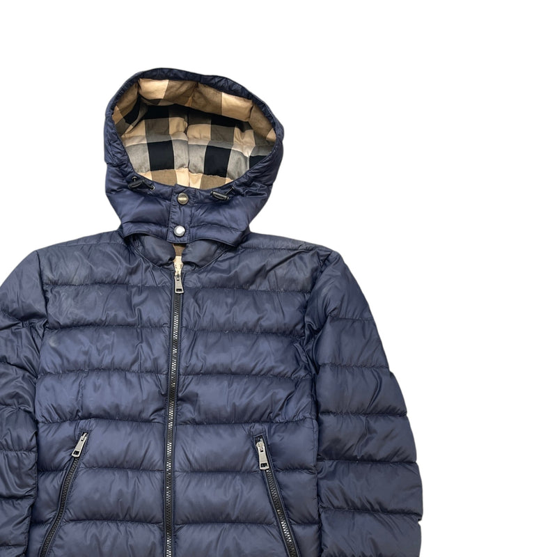 Men's Check Print Hood Down Jacket Navy Size S