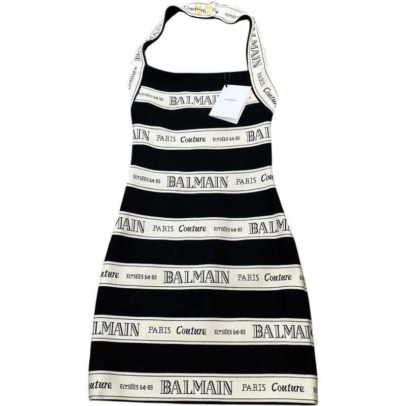 Balmain Women's Striped Jacquard Halterneck Mini Dress Top Black Size 6