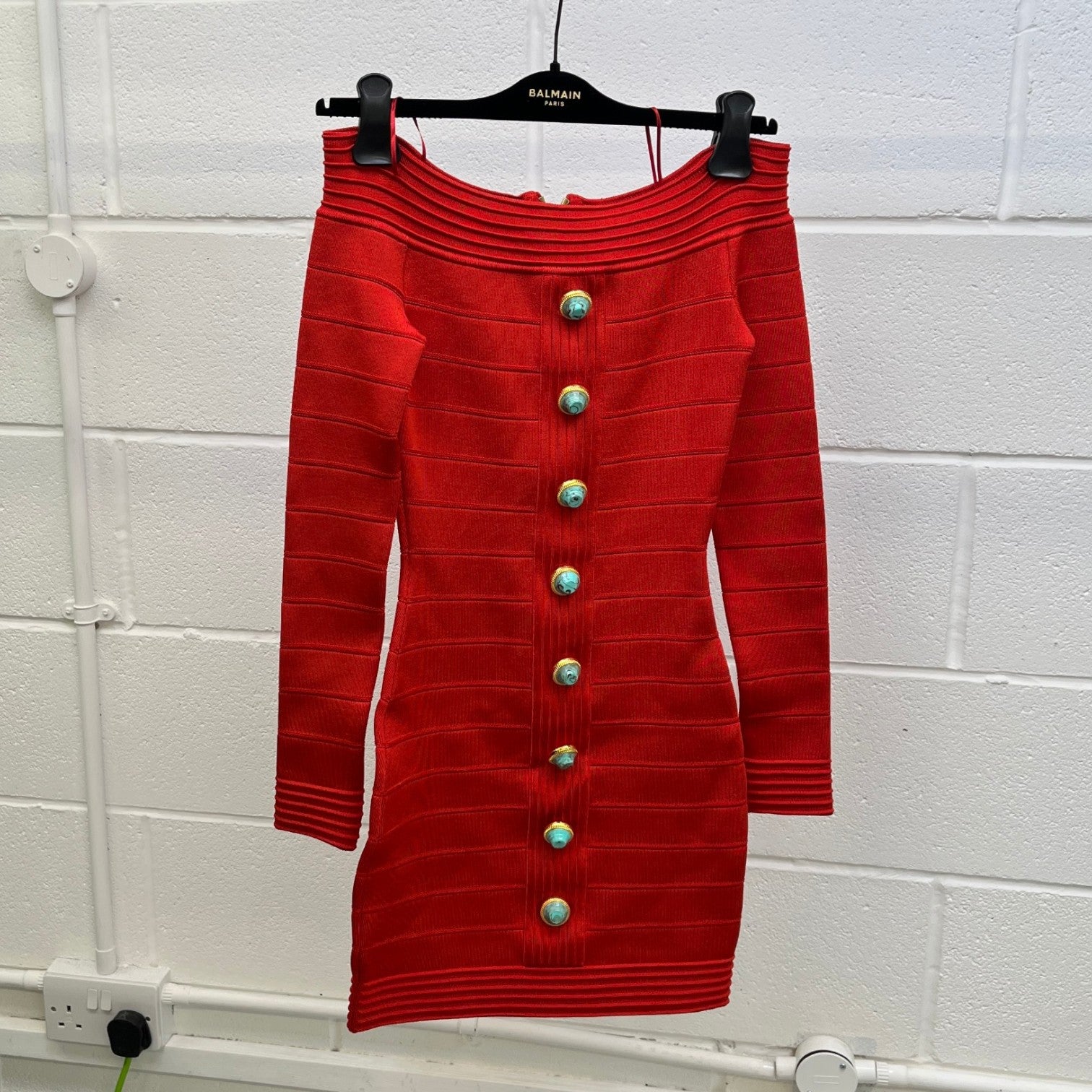Balmain Women's Off The Shoulder Stretch Knit Mini Dress Top Red Size 6 - Photo 7