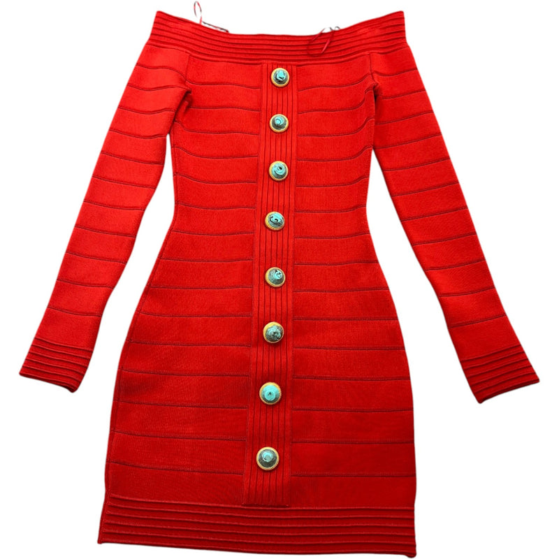 Balmain Women's Off The Shoulder Stretch Knit Mini Dress Top Red Size 6