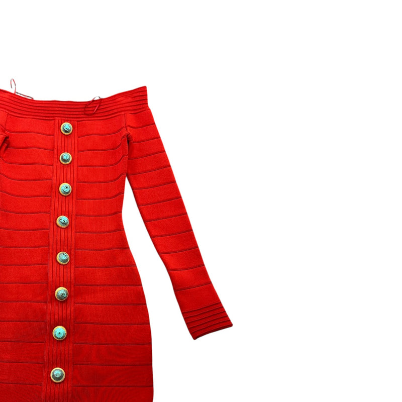 Balmain Women's Off The Shoulder Stretch Knit Mini Dress Top Red Size 6