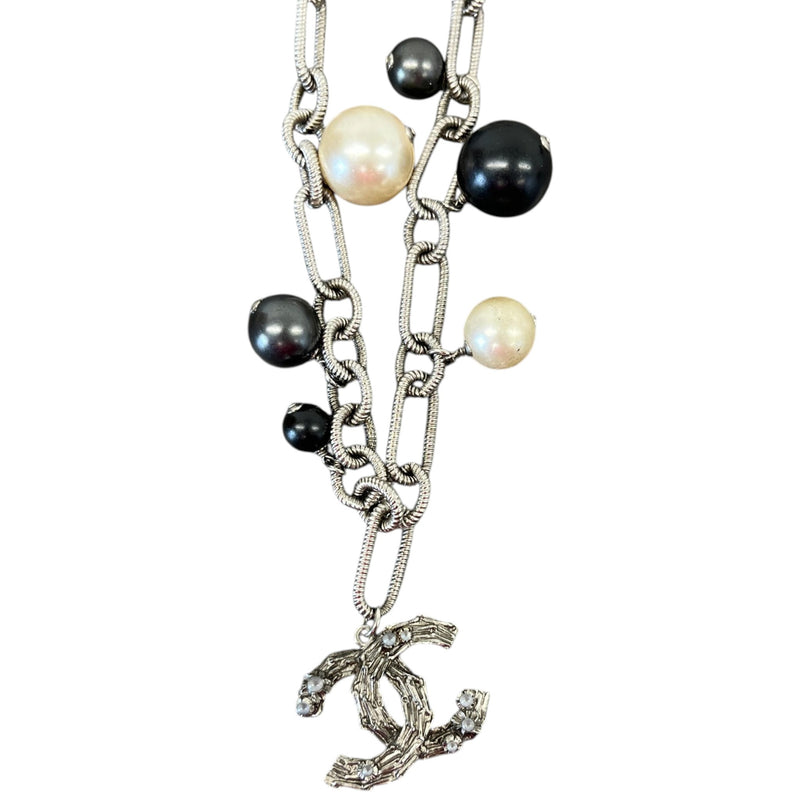 Women's Beaded Pearl CC Globe Necklace Silver