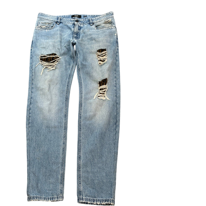 Fendi Men's FF Zucca Distressed Jeans Blue Size W36