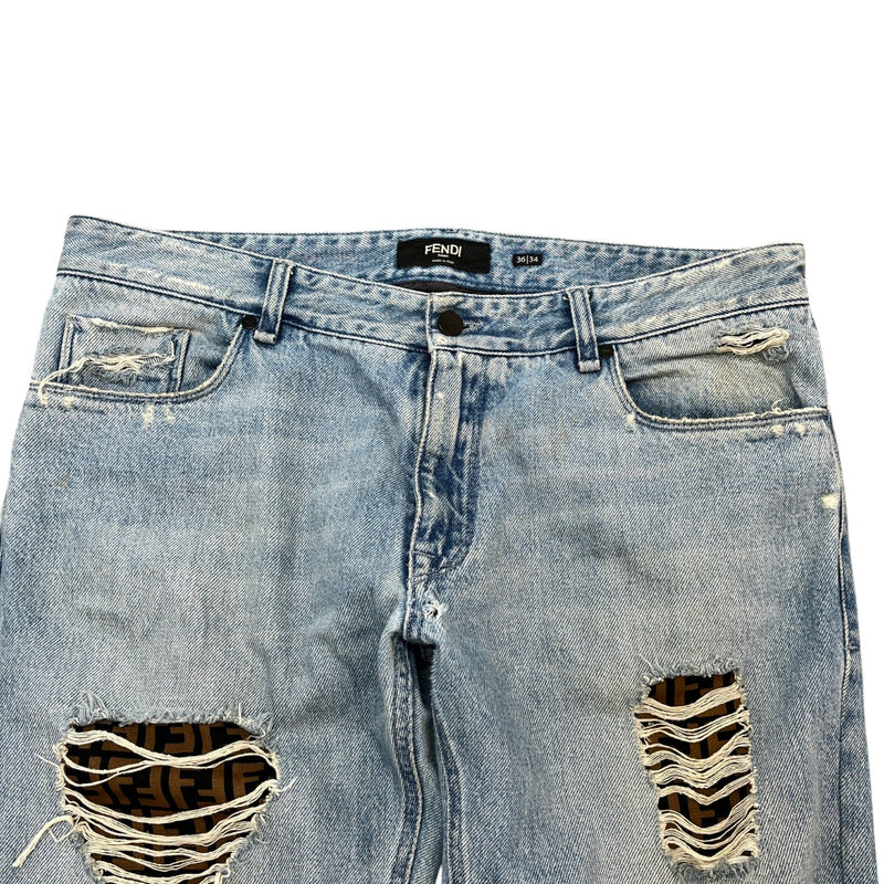 Fendi Men's FF Zucca Distressed Jeans Blue Size W36