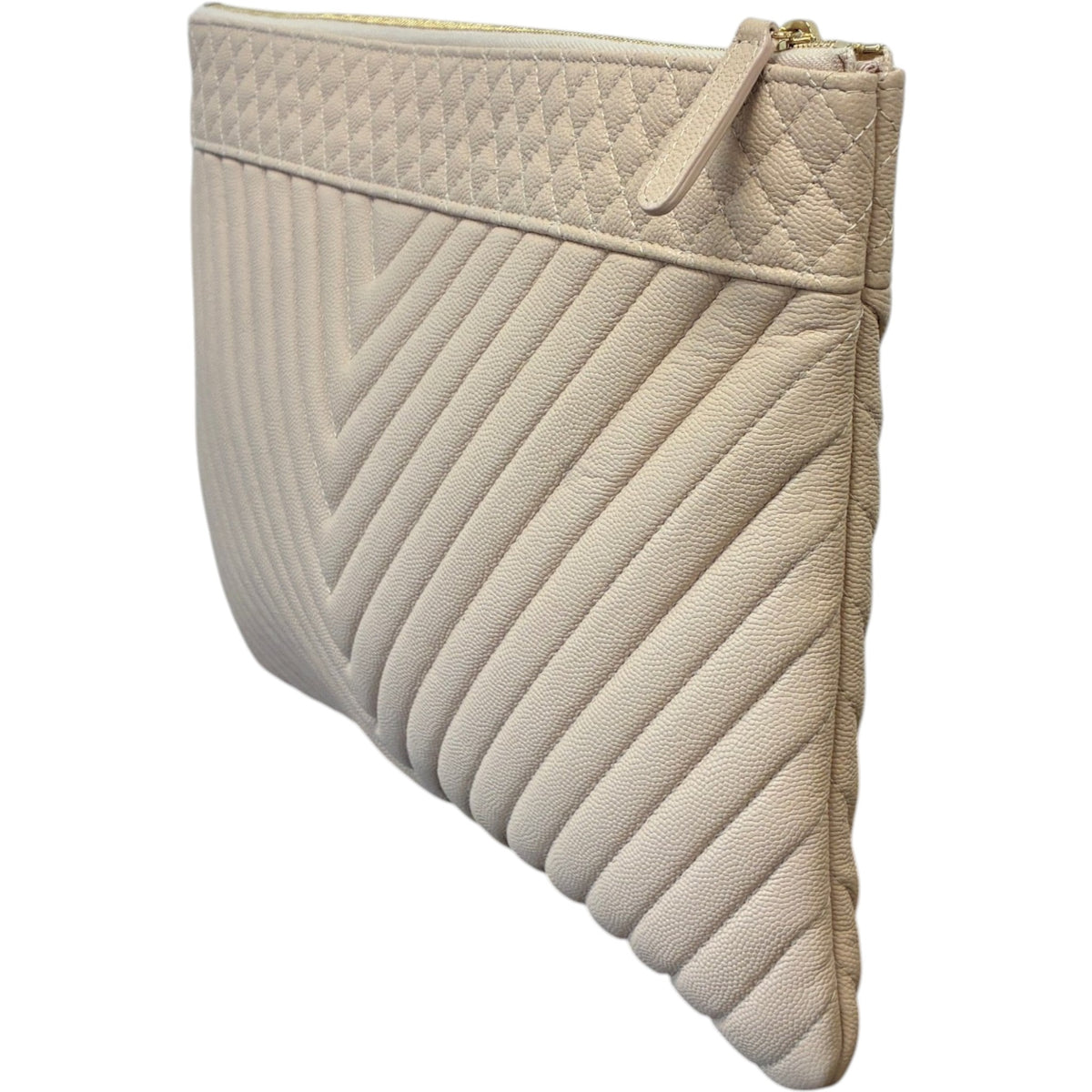 Women's Chevron Quilted Caviar Clutch Beige - Photo 5