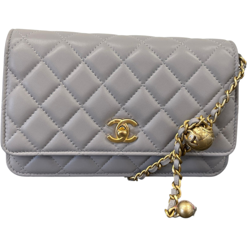 Women's Quilted Lambskin Pearl Crush Wallet On Chain Bag Grey