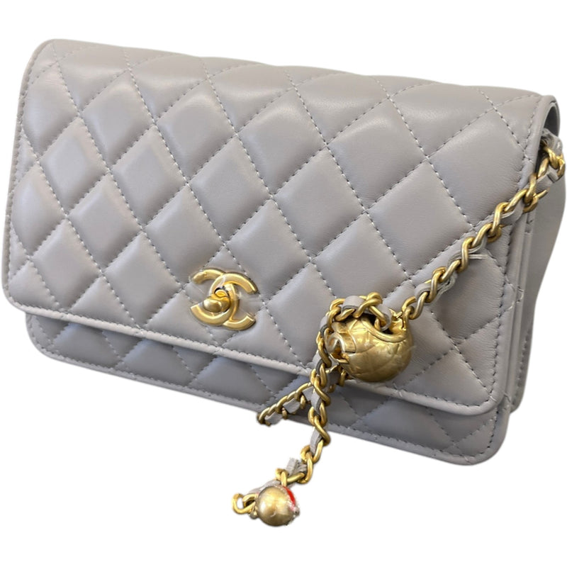 Women's Quilted Lambskin Pearl Crush Wallet On Chain Bag Grey