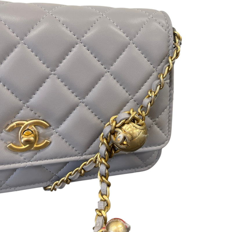Women's Quilted Lambskin Pearl Crush Wallet On Chain Bag Grey