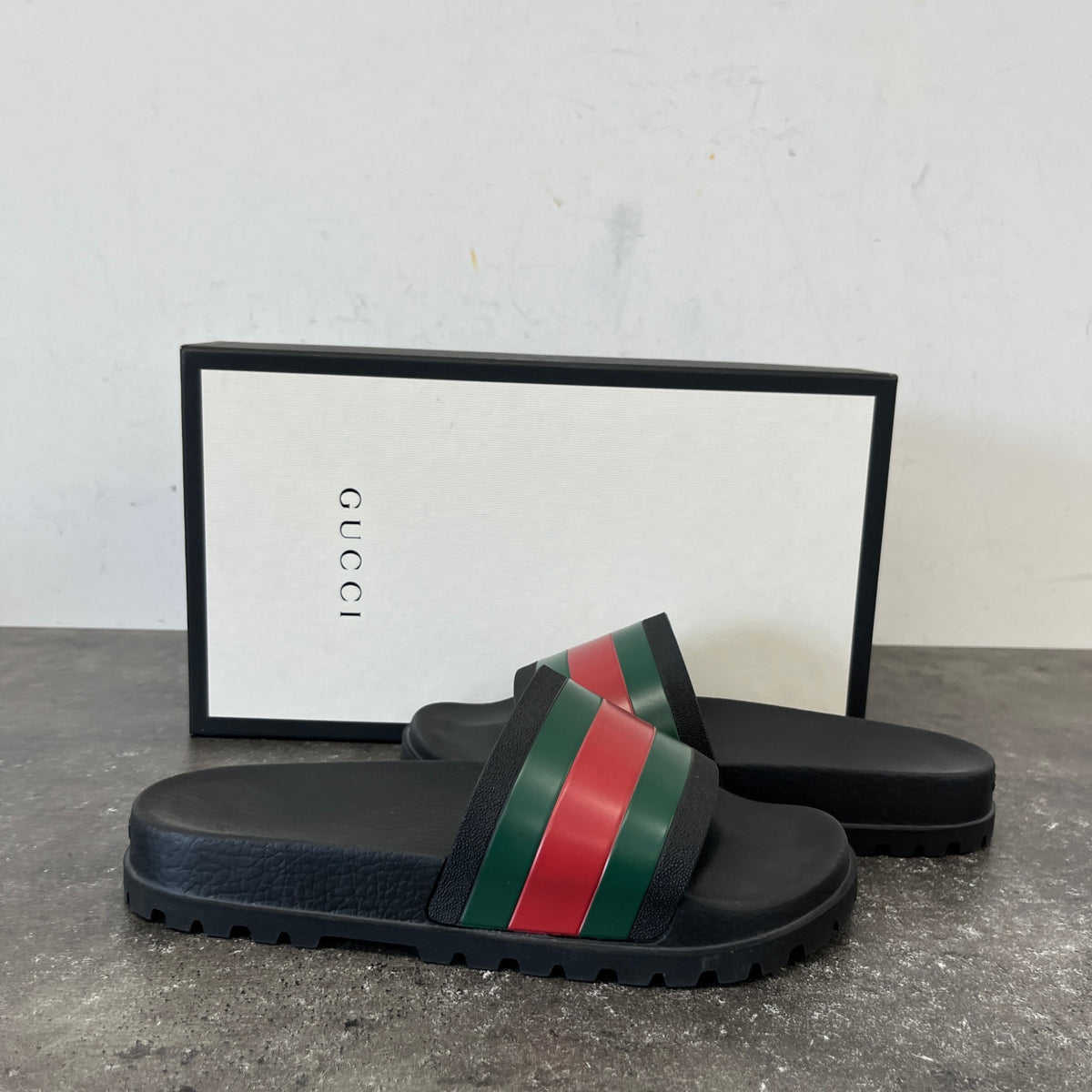 Men's Web Stripe Pool Slides Black Size UK 9 / EU 43 - Photo 11