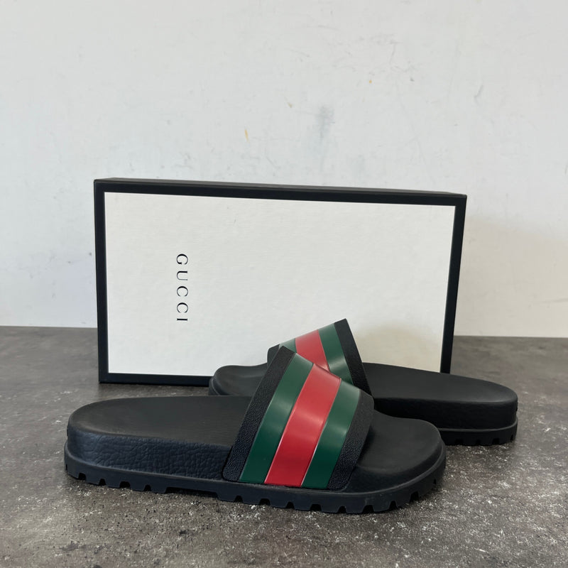 Men's Web Stripe Pool Slides Black Size UK 9 / EU 43
