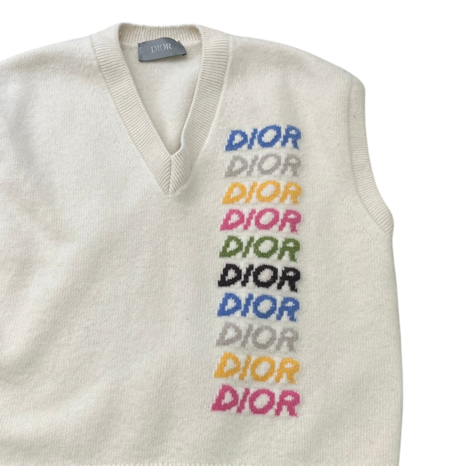 Men's Logo V Neck Intarsia Knit Vest Cream Size XL - Photo 3