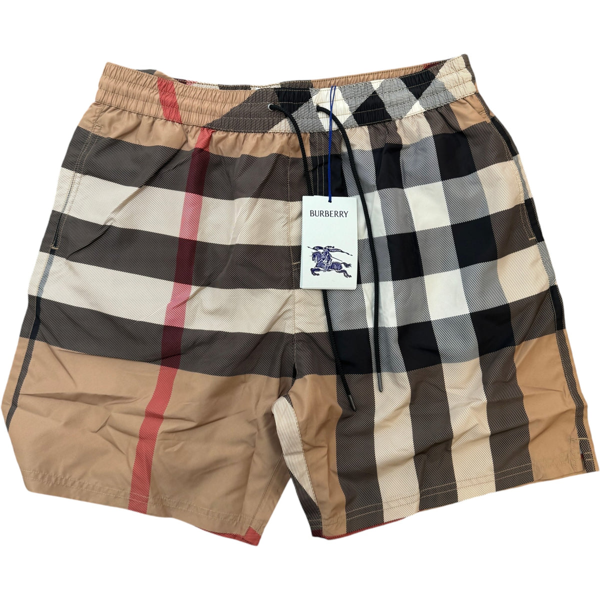 Men's Check Print Swim Shorts Beige Size XL / W36 - Photo 1