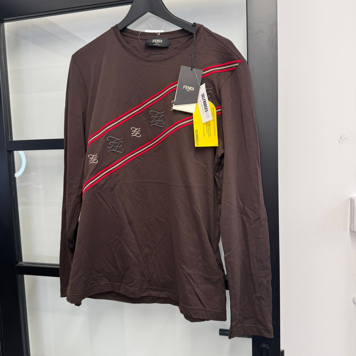 Men's Embroidered Diagonal Stripe Long Sleeve T-Shirt Brown Size XL - Photo 7