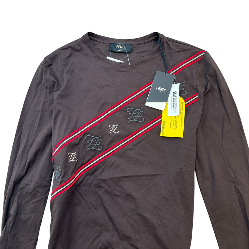 Men's Embroidered Diagonal Stripe Long Sleeve T-Shirt Brown Size XL