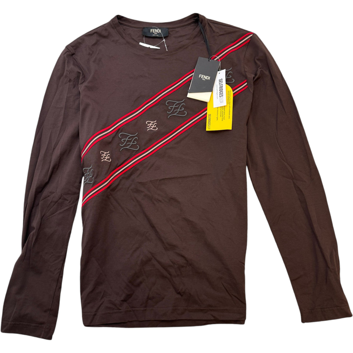 Men's Embroidered Diagonal Stripe Long Sleeve T-Shirt Brown Size XL - Photo 1
