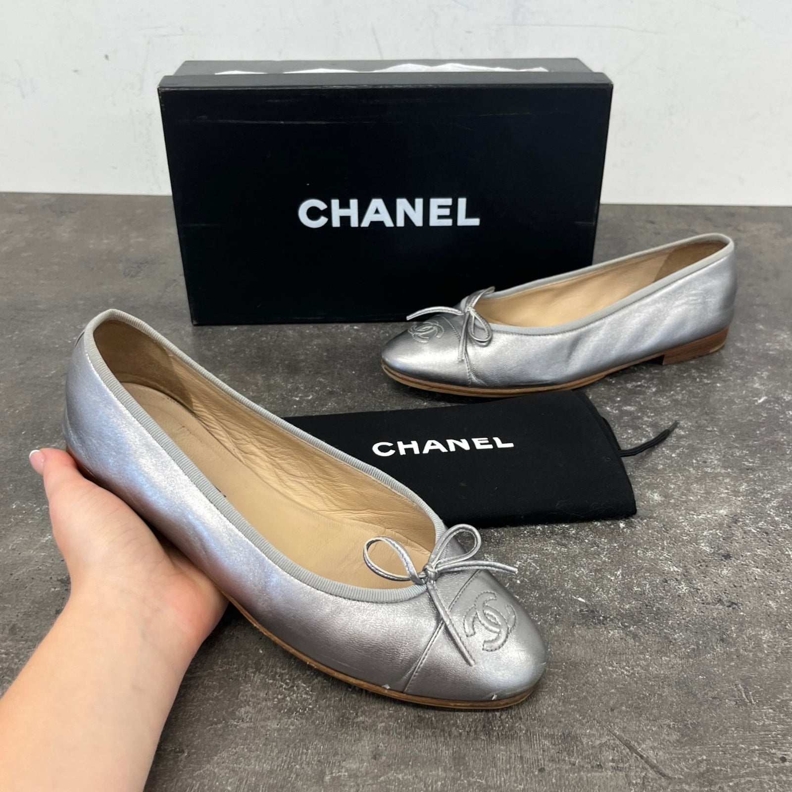 Women's Metallic Cc Cap Toe Ballet Flats Mules Silver Size EU 38.5 / UK 5.5 - Photo 12