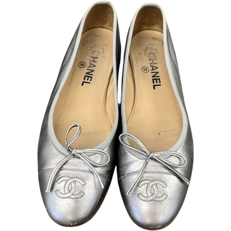 Women's Metallic Cc Cap Toe Ballet Flats Mules Silver Size EU 38.5 / UK 5.5