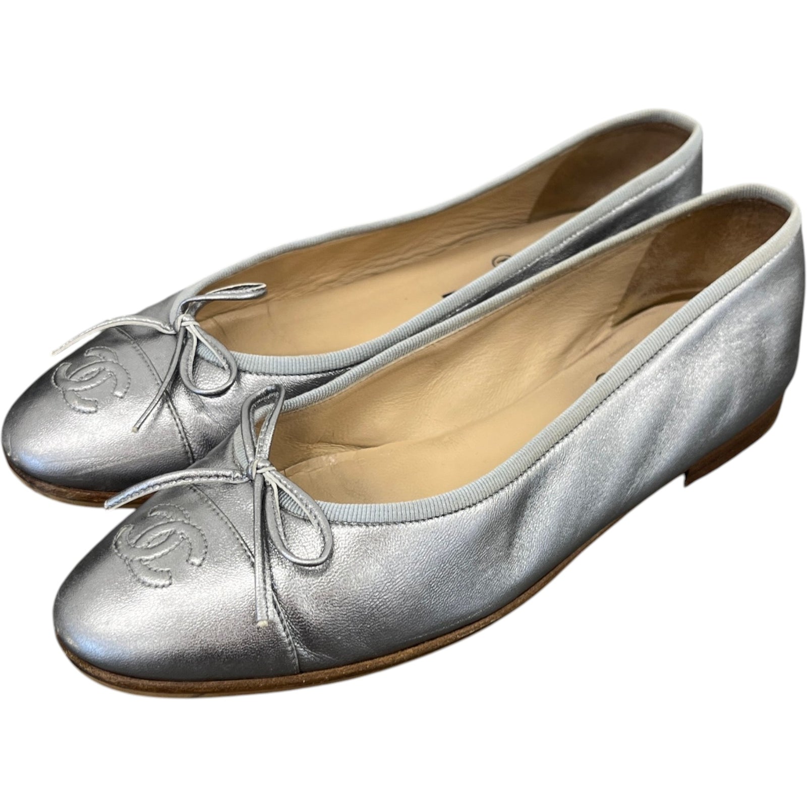 Women's Metallic Cc Cap Toe Ballet Flats Mules Silver Size EU 38.5 / UK 5.5 - Photo 9