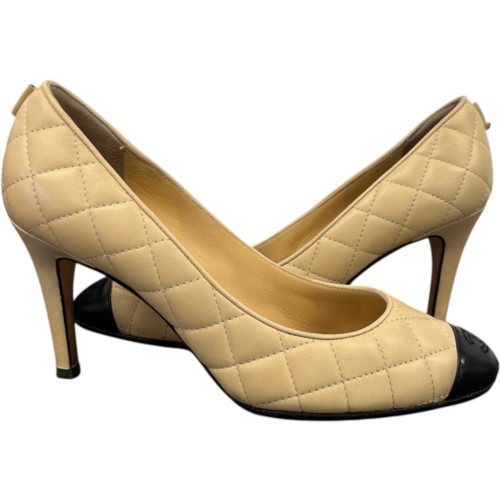 Women's Quilted Cc Cap Toe Pump Heels Beige Size EU 38 / UK 5 - Photo 3