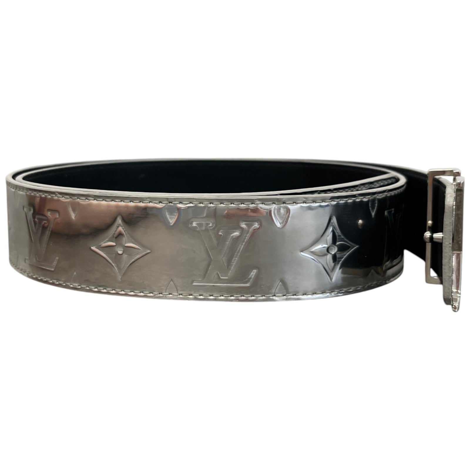 Men's Reversible Monogram Mirror Belt Silver Size 32" - Photo 3