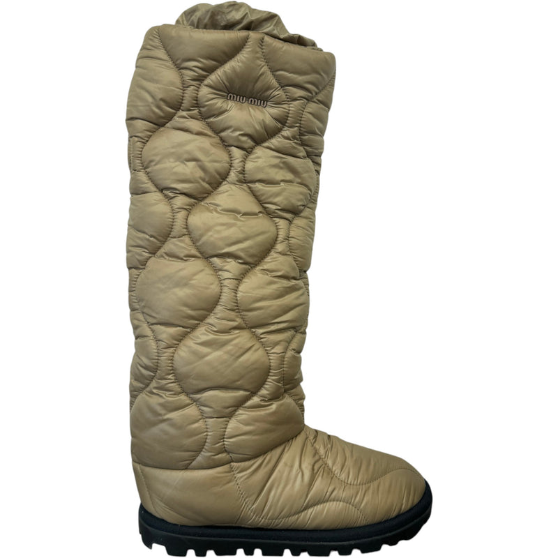 Women's Padded Quilted Nylon Tall Snow Boots Beige Size UK 4 / EU 37
