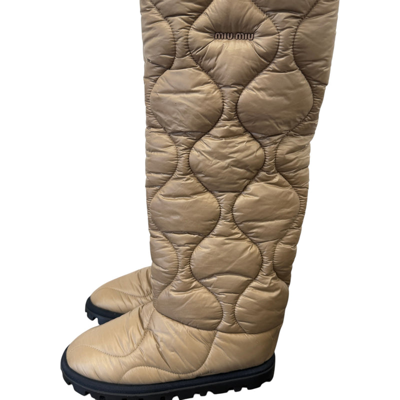 Women's Padded Quilted Nylon Tall Snow Boots Beige Size UK 4 / EU 37