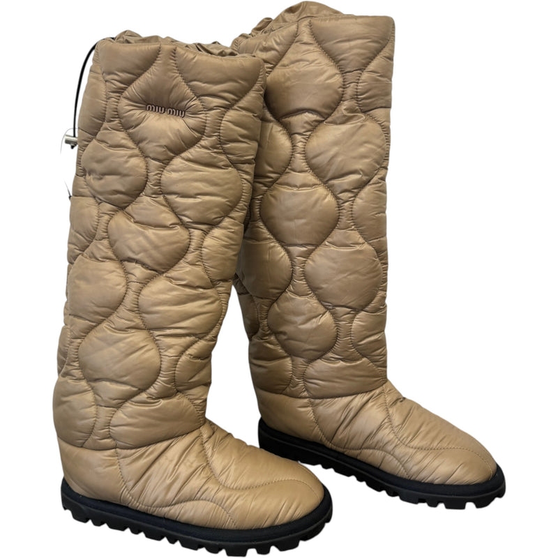 Women's Padded Quilted Nylon Tall Snow Boots Beige Size UK 4 / EU 37