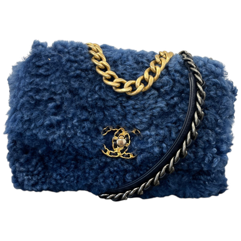 Women's Shearling Sheepskin Medium Chanel 19 Flap Bag Blue