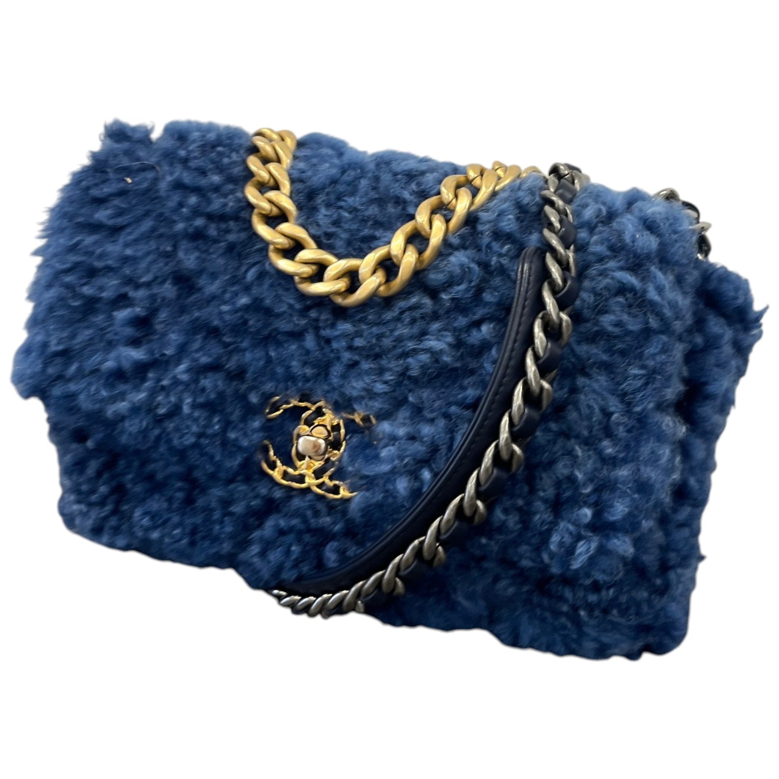 Women's Shearling Sheepskin Medium Chanel 19 Flap Bag Blue - Photo 5