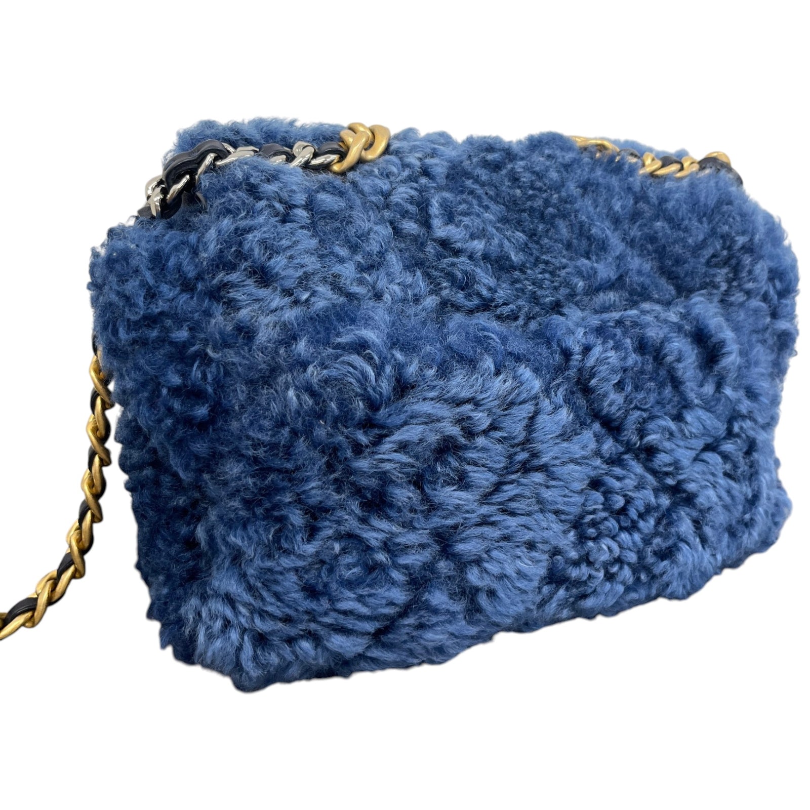 Women's Shearling Sheepskin Medium Chanel 19 Flap Bag Blue - Photo 8