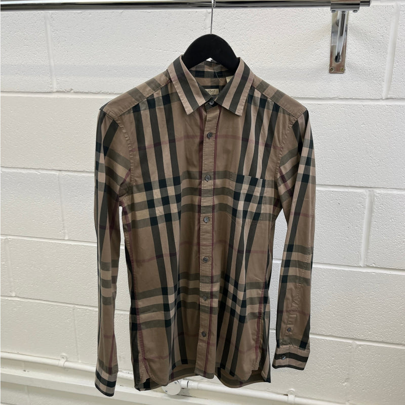 Men's Check Print Long Sleeve Shirt Beige Size S