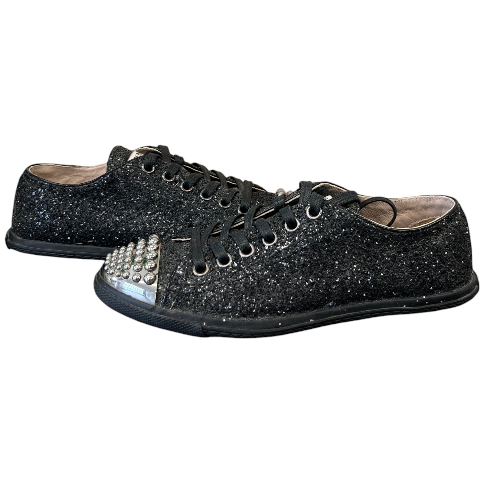 Women's Flat Sole Glitter Low Trainers Black Size EU 36 / UK 3 - Photo 3