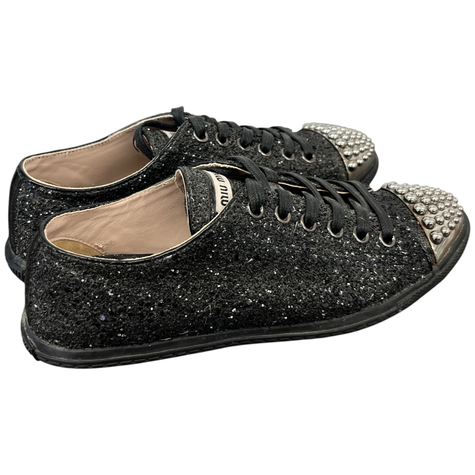 Women's Flat Sole Glitter Low Trainers Black Size EU 36 / UK 3 - Photo 8