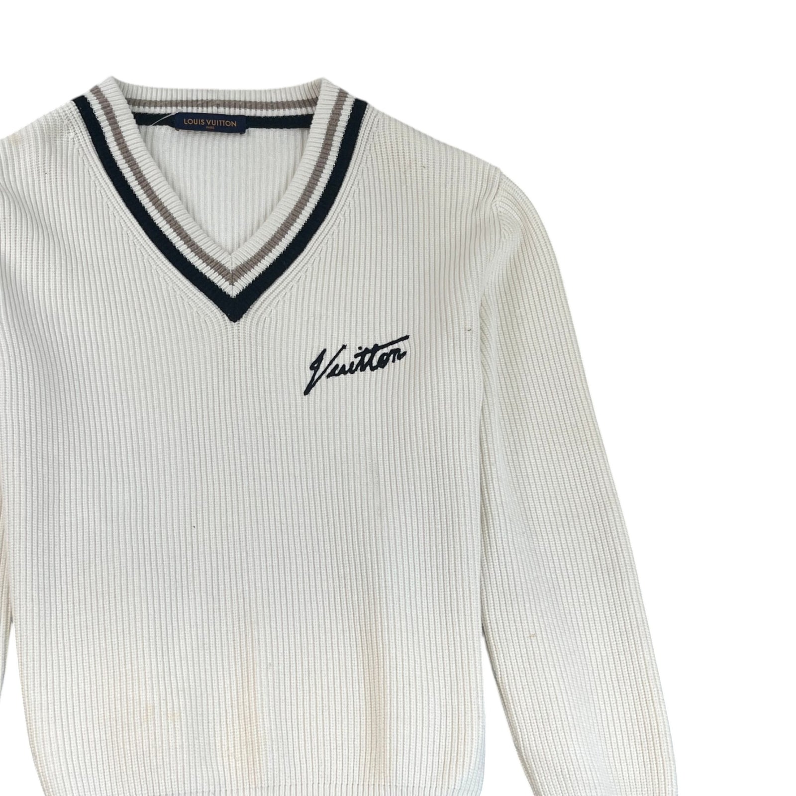 Men's Signature Logo V Neck Knit Sweatshirt Cream Size XL - Photo 3