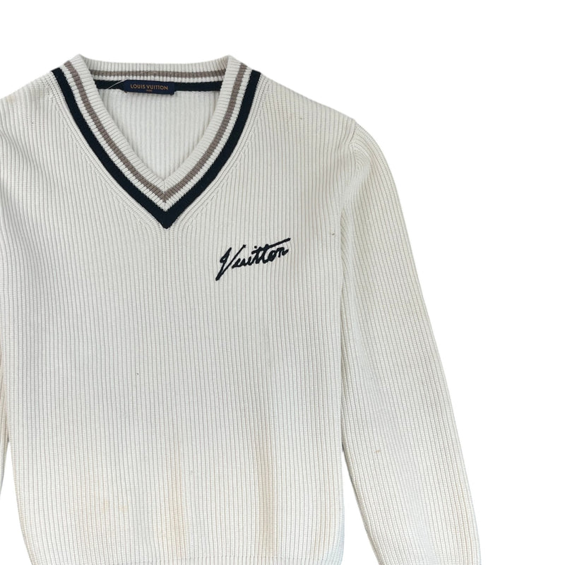Men's Signature Logo V Neck Knit Sweatshirt Cream Size XL