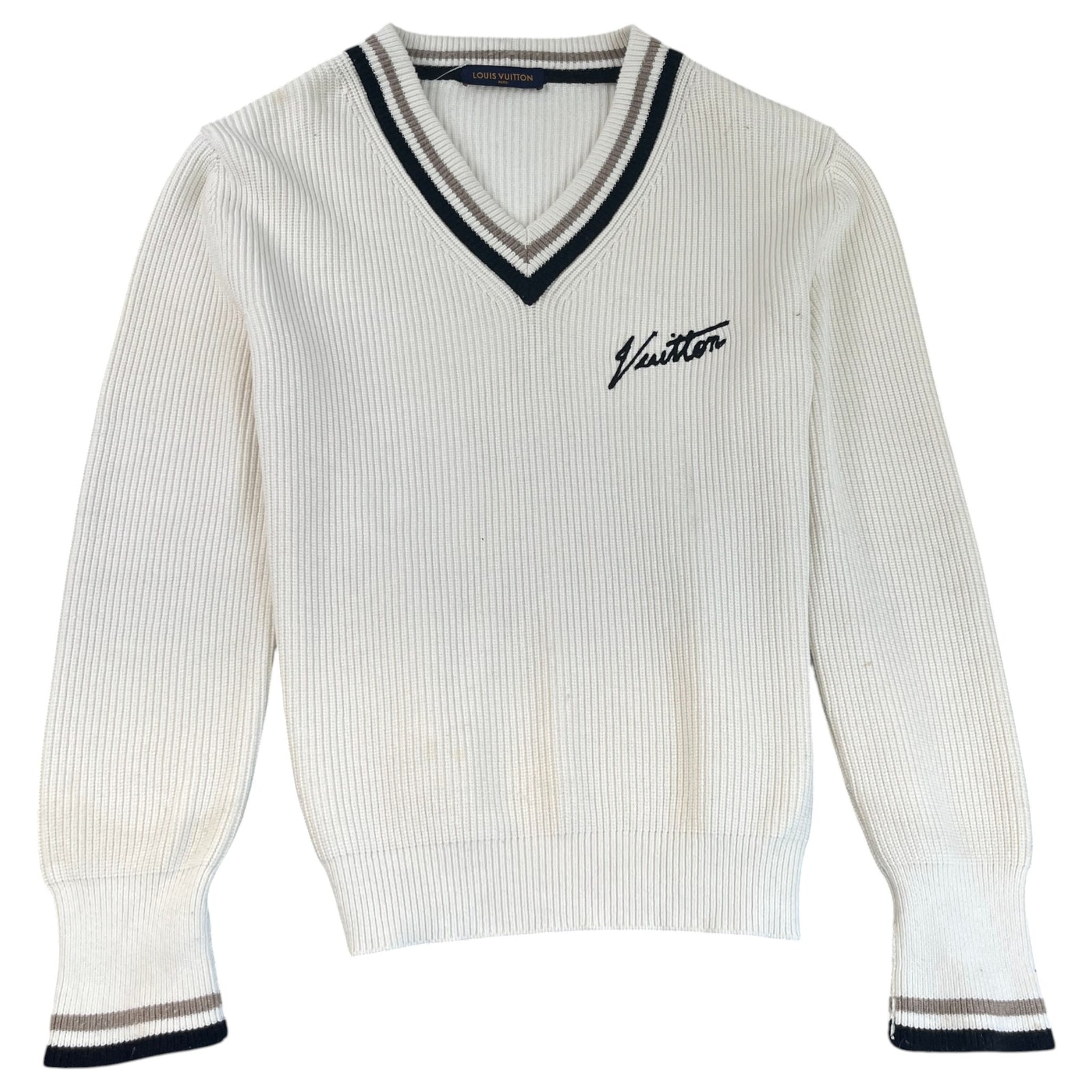 Men's Signature Logo V Neck Knit Sweatshirt Cream Size XL - Photo 1