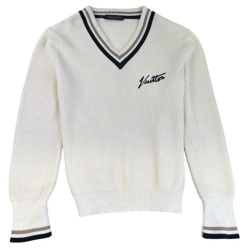 Men's Signature Logo V Neck Knit Sweatshirt Cream Size XL