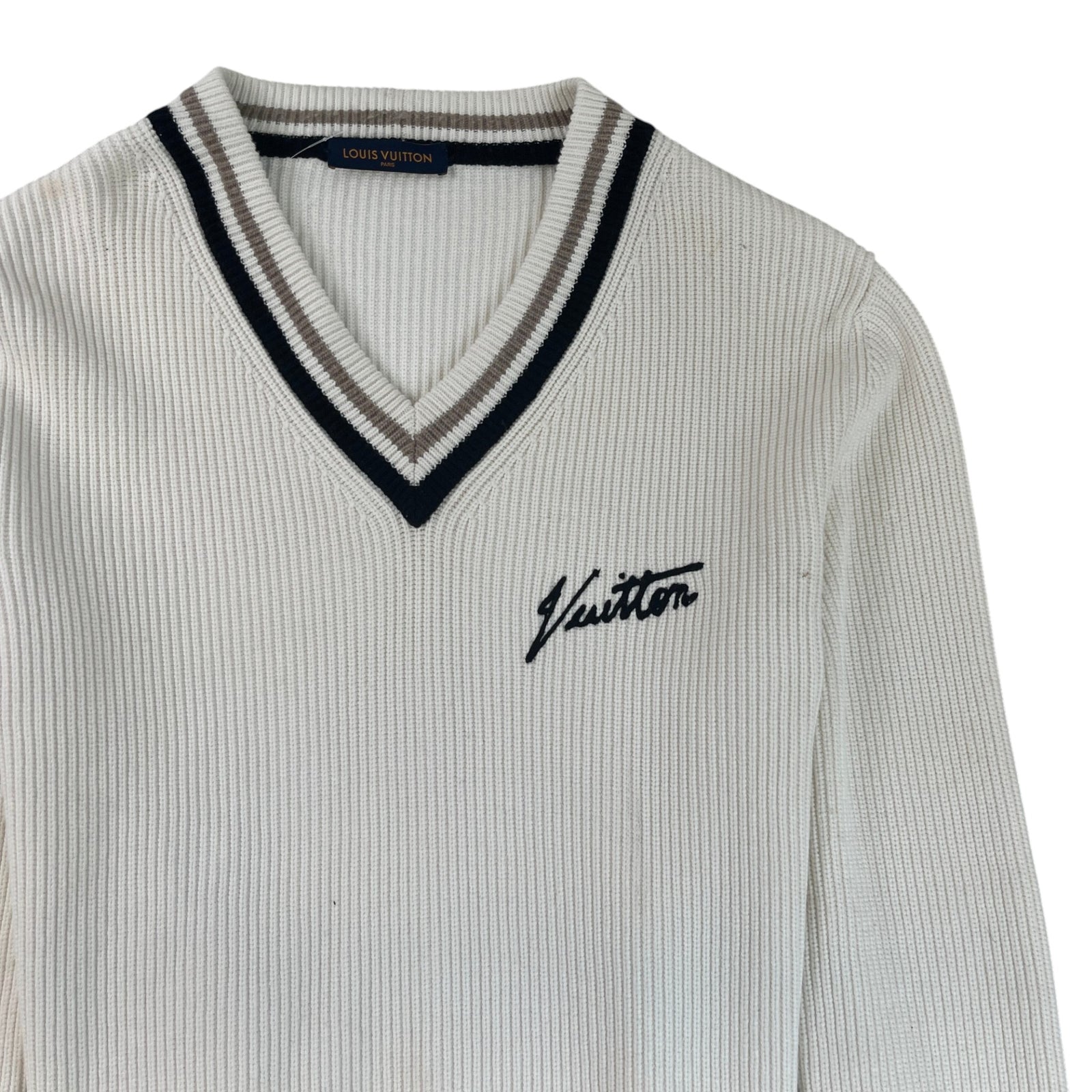 Men's Signature Logo V Neck Knit Sweatshirt Cream Size XL - Photo 5