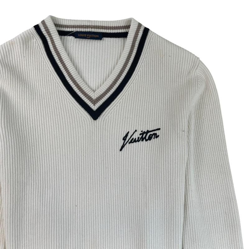 Men's Signature Logo V Neck Knit Sweatshirt Cream Size XL