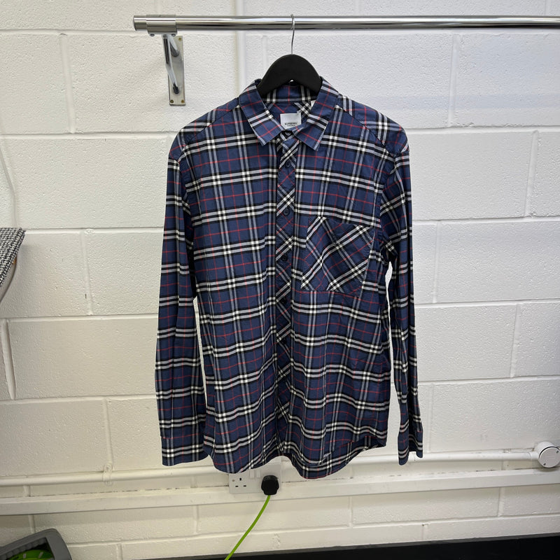 Men's Embroidered Logo Check Long Sleeve Shirt Blue Size XL