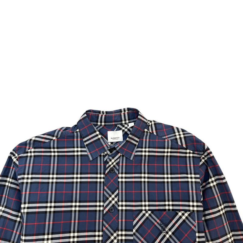 Men's Embroidered Logo Check Long Sleeve Shirt Blue Size XL