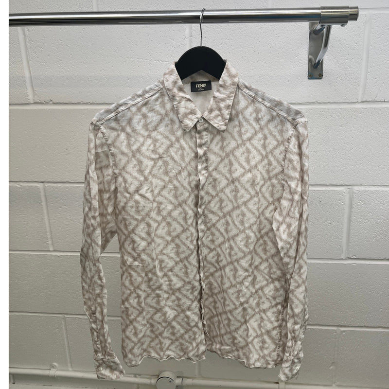 Men's FF Monogram Print Long Sleeve Shirt Beige Size M
