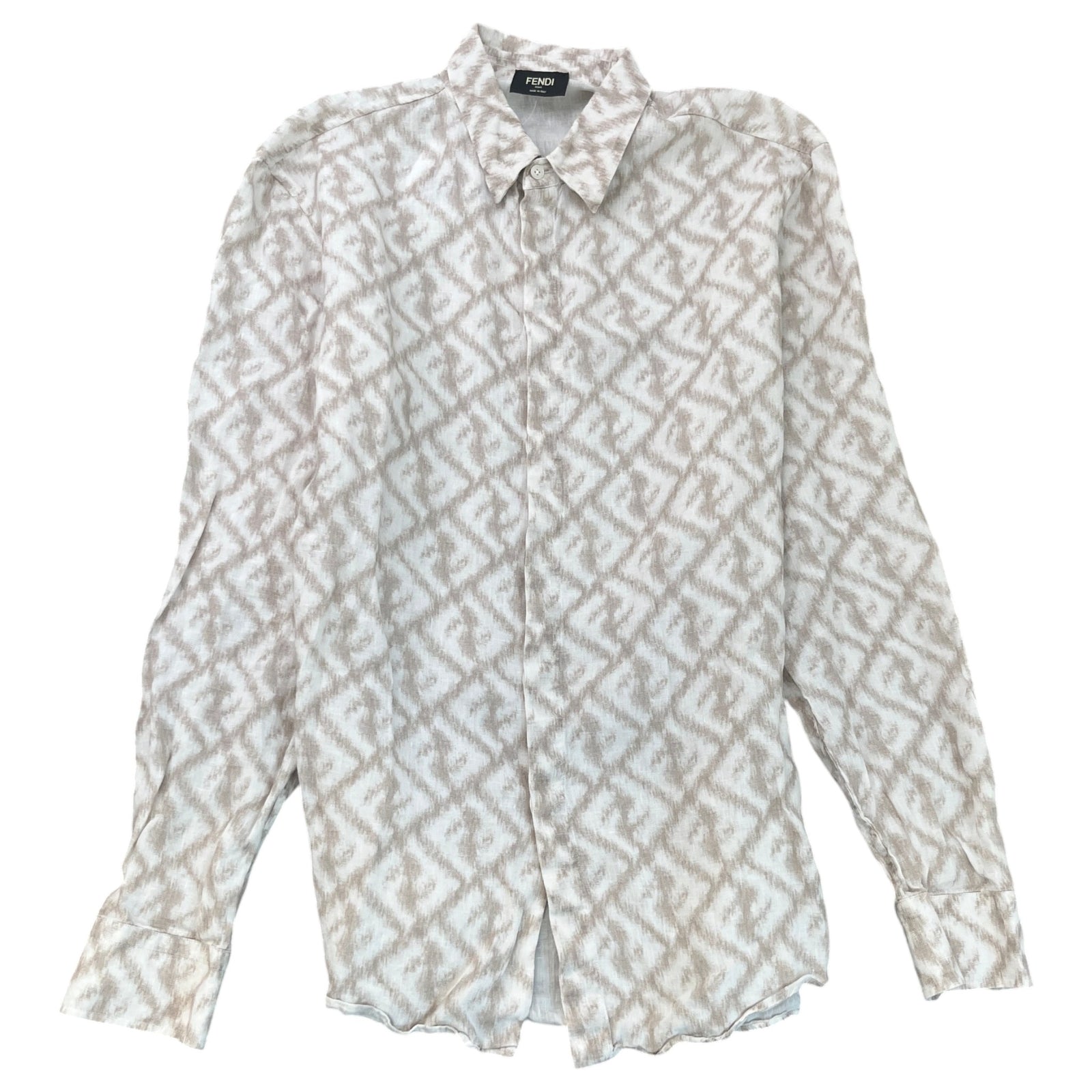 Men's FF Monogram Print Long Sleeve Shirt Beige Size M - Photo 1