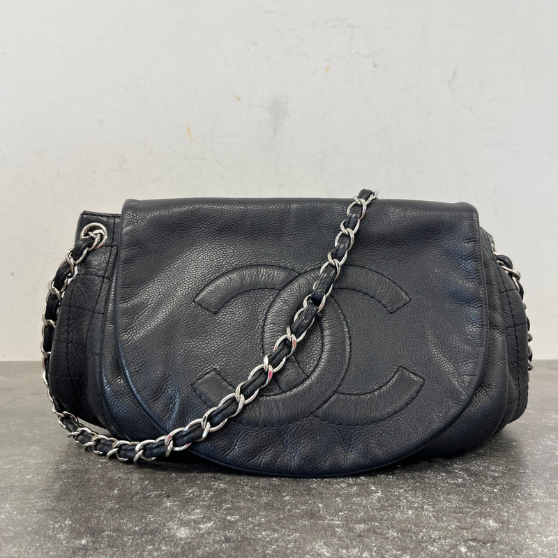 Women's Half Moon Lambskin Leather Flap Handbag Black